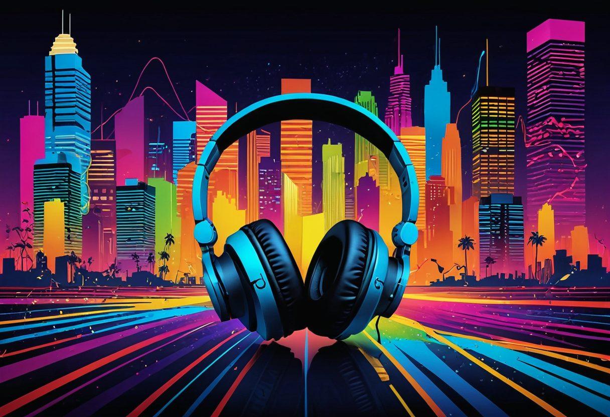 A vibrant sound wave visual, bursting with colors representing different audio genres, in the center of a playful, dynamic cityscape filled with headphones, microphones, and vinyl records. Lively characters of diverse backgrounds enjoying audio entertainment on their devices are scattered throughout. Bright neon hues enhance the sense of excitement, creating an inviting atmosphere. artistic illustration. vibrant colors. 3D.