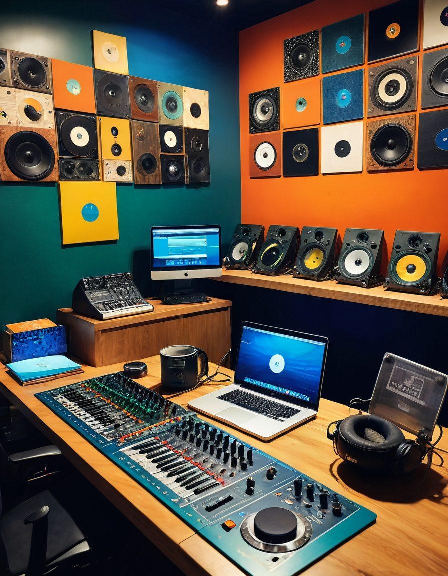 A vibrant scene depicting a cozy podcasting studio with colorful soundproof panels, a cheerful host speaking into a microphone, headphones on, and sound waves visually emanating from the mic. Include diverse guests engaged in conversation, with recording equipment and coffee cups scattered around. The background should feature fun, whimsical artwork related to audio themes like vinyl records and musical notes. super-realistic. vibrant colors. warm lighting.