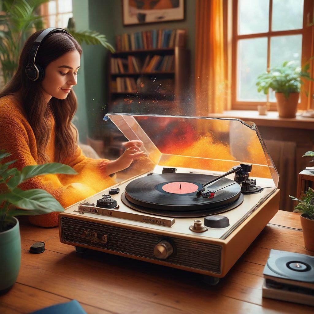 A lively scene depicting a diverse group of people gathered around a large vintage record player, sharing stories animatedly while colorful sound waves visually emanate from the player. The warmth in their expressions conveys connection and joy, with a background of comfortable, cozy décor symbolizing an inviting atmosphere. The setting is enhanced by splashes of vibrant colors representing the dynamic nature of storytelling and audio exchange. super-realistic. vibrant colors. warm tones.